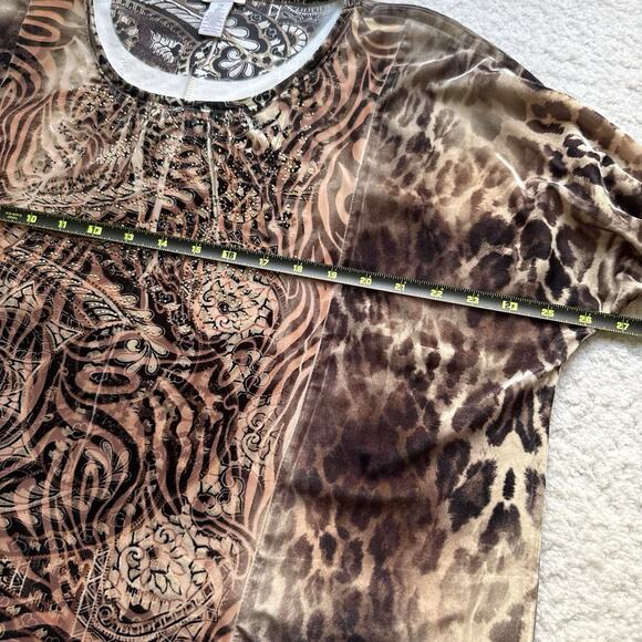 CHICO’S Burnout Velvet Brown Embellished Tunic Blouse Top Stretch Fall Size 2 L - Picture 6 of 9